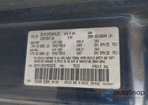 2001 Dodge Ram 1500 St z USA, uszkodzony, nr VIN 3B7HF13Y01M555876